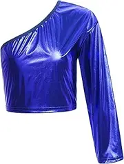 [FEESHOW] Kids Girls Shiny Crop Top Long Sleeve Shirt Cross Performance Jazz Hip Hop Cheerleading Costume