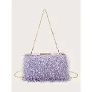 Women's Chic Feathered Evening Clutch with Chain Strap, Elegant Purple Party Purse for Weddings, Proms, and Special Events
