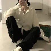 Long-Sleeve Zip-Up Plain Knit Cropped Hooded Top Off-White - One Size