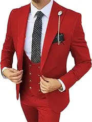 [JEShifangjiusu] Men's 3 Piece Suit Jacket One Button Single Breasted Tuxedo Blazer Formal Wedding Groomsmen Sport Coat Slim Fit Prom Suits Set with Vest Pants, Red, S