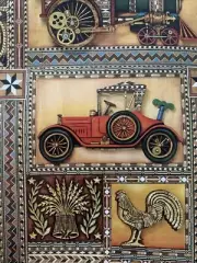Vintage Hallmark Gift Wrapping Paper Duck Wind-Up Toy Car 60s Brown Rooster