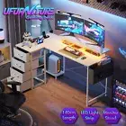 L-Shaped Gaming Desk LED Lights Study Table Writing Workstation w/ Drawer White