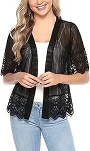 [Dcohmch] Women's Casual Lace Cardigan Summer Lightweight Crochet Floral Short Sleeve Shrugs Mesh Sheer Knit Bolero Cover Up, A# Black, X-Large