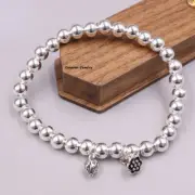 Pure S925 Sterling Silver Bracelet Lucky Lotus Bud 6mm Beads Bangle 12-13g