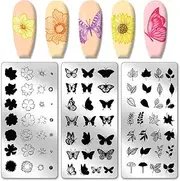 PH PandaHall 3pcs Flower Leaves Nail Stamp Plates, Butterfly Nail Stamper Plant Nail Art Stencils Print Nail Stencils Stainless Steel Nail Picture Plate for Overlay Use, Nail Art Design