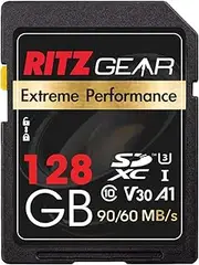 RitzGear SD Memory Card | Extreme Performance 128GB SDXC V30 UHS-I Class 10 Storage Card| 90/60 MB/s Read/Write Speed for DSLR & 3D Camera, 4K HD Video, Pro Videographers & Vloggers …