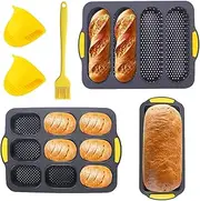 SIMTWO Loaf Pan Set, 6 Pack Silicone French Bread Tin, Non Stick Loaf Baking Pan Tray, Including 4 Cup French Bread Baking Mold, 9 Cup Hamburger Bun Pan, 1 Cup Toast Baking Tray, 2 Oven Mitts & Brush