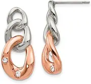 [JewelryWeb] Stainless Steel Polished With Rose Ip Loop Crystal Dangle Post Earrings 12mm Wide-Dangle Earring for Women