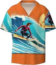 [HVTTIOR] Hawaiian Surfer On Wavy Print Print Short Sleeve Shirt Cuban Collar Beach Casual Style Summer Vacation Relaxed Fit