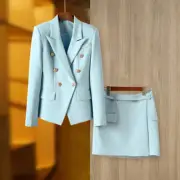 Womens Spring Light Blue Double Breasted Suit Top Skirt Two-piece Dress Suit Set