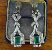 Art Deco Style Lab Created Diamond Emerald Engagement Earrings 14K White Gold FN