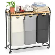 Laundry Hampers 3 Section, Laundry Sorter with Removable Shelf and Pull-Out B...