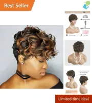 Synthetic Short Pixie Cut Wig for Black Women - Curly Auburn Ombre Style