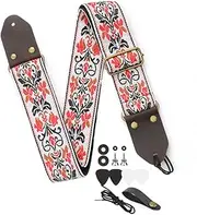 T Tersely Guitar Strap, Guitar Straps Adjustable Genuine Leather Ends Jacquard Weave Bass Strap for Acoustic/Electric/Guitars,(Multicolor stripes) (Retro White Embroidery)