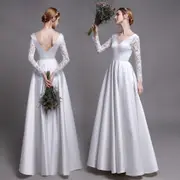 婚紗新款簡約蕾絲長袖齊地緞面婚紗白出門輕紗迎賓禮服女
