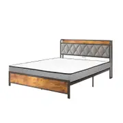 Advwin Double Size Bed Frame with Tufted Headboard & Charging Station and Double Mattress 25cm Grey