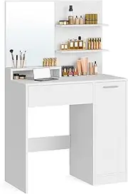 VASAGLE Dressing Table, Makeup Vanity Desk with Mirror, 1 Drawer, 2 Shelves, Storage Cabinet, Makeup Organiser, White Vanities RDT119W01