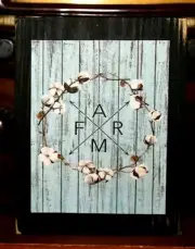 Farm Cotton Wreath Aqua Primitive Farmhouse Sign Block Shelf Sitter 3.5X4.5