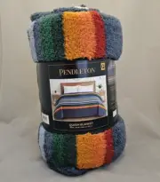 Pendleton QUEEN Blanket Serape Stripe Blue 98”x92” Sherpa New