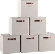 [Ornavo Home] 13 x 13 Storage Cube Bins, Foldable Collapsible Fabric Storage Bins Box Linen Shelf Basket Cube Organizer for Closet with Leather Handles, 6 Pack, Beige