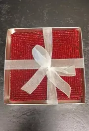 Set Of 6 Ruby Red Beaded Coaster Set New With Metal Tray Holder