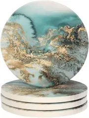 4x Round Ceramic Coasters Absorbent Stone Coaster Drinks Holder - Blue