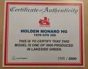 1/18 Holden Monaro HG 1970 GTS350, COA Only, Autoart