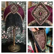 Antique Art Nouveau Lamp & Crescent Moon Lamp Shade Glass Bead Fringe Hand Sewn