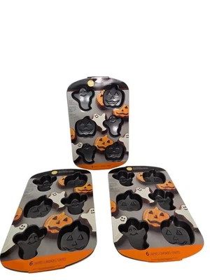 3 Set Wilton Halloween Pumpkin Jack-o-Lantern 6-cavity Mini Cakes Baking Pan New