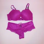 Victoria Secret Bra Set 36C Bombshell Push Up Medium Cheeky Panty Fuchsia New