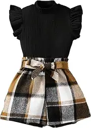 [Floerns] Girl's 2 Piece Outfit Ruffle Trim Tee Plaid Paperbag Waist Shorts Set