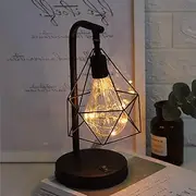 Vintage Table Lamp, Retro Cage Nightstand Lamp Battery Operated, Geometric Wire Industrial Bedside Desk Lamp, Suitable for Bedroom Living Room Coffee Store Restaurant