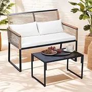 Groverdi 2PCS Patio Loveseat Wicker Outdoor Furniture Set with Removable Cushions & Glass-Top Coffee Table, 2-Seater Conversation Sofa Couch for Backyard Deck, Rattan Patio Loveseat with Table, Wood