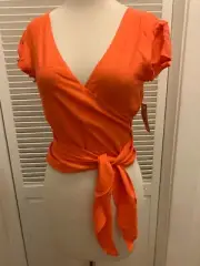 Flynn Skye That's A Wrap Crop Top Women's Orange Short Sleeve Rayon sze XS