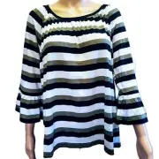 NWT MICHAEL KORS BASICS STRIPED ARMY GREEN BELL SLEEVES/SCOOP NECK TOP LARGE