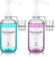 onsogi Glass Mouthwash Dispenser with Cups Holders & Pumps, 16 Oz Rustic Boho Mouthwash Dispenser for Bathroom Farmhouse Decor - 2 Pack, White Pumps (wash-2)