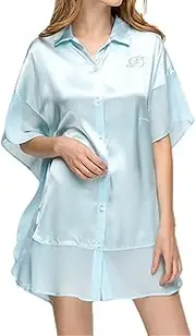 HAMKVBPR Ladies' Nightgown Women's Silk Short Skirt Pajamas Shirt Nightdress Women's Nightdress(Large) Blue