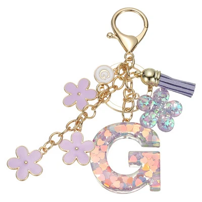 Alphabet g Tassel Cherry Blossom Initial Letter Keychain (Purple, Pack of 1)