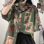 Elbow-Sleeve Retro Print Shirt As Shown In Figure - XL