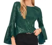 Vince Camuto Metallic Knit Flutter Sleeve Top - Arresting Emerald, Large, $89