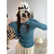 Long-Sleeve Plain Twist Cutout Knit Top Blue - One Size