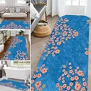 Vintage Floral Carpet - Rubber Backed Very Long Hallway Hall Runner Narrow Rugs, Washable Blue Rug Runner for Living Room Bedroom Kitchen Bathroom - Width 60cm 70cm 80cm(2.6ft×16.4ft/80×500cm)