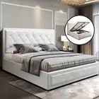 PU Leather Bed Frame Gas Lift Storage Tufted Headboard Queen Size Mattress White