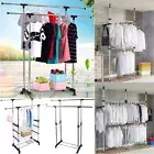 Double Rail Adjustable Portable Clothes Display Hanger Rolling Rack With Wheels