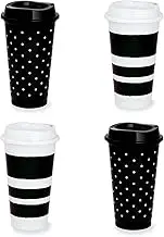 Kate Spade New York Black/White Reusable Coffee Cups with Lids, Travel Tumbler Set of 4, 16oz BPA-Free Plastic Cups with Lids, Coffee Mugs for Hot or Cold Drinks, Dots and Stripes