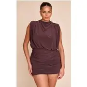 Plus Chocolate Double Layered Slinky Shoulder Padded Mini Dress, Chocolate