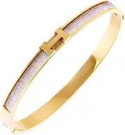 [Vbvbip] 18K Gold Plated 316L Stainless Steel Bangle Bracelet Collection - 12 Unique Designs + Matching Diamond-Accent Titanium Steel Chain, for Women