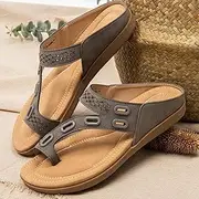 [JSMY] Women Orthopedic Comfy Sandals Three Arch Support Design Ladies Summer Leather Flip Flops Clip Toe Breathable Casual Beach Travel Shoes,Brown,41