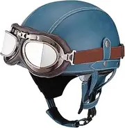 German Style Leather Vintage Open Face Retro Half Helmet ECE/DOT Approved Motorcycle Helmet with Glasses Chopper Pilot Moped Scooter Helmet for Men Women A,L 59-60CM