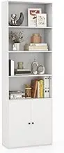 Giantex Farmhouse Bookcase with Doors, 180cm Freestanding Bookshelf with 6 Shelves & 2-Door Cabinet, Versatile Display Shelving Unit with Adjustable Shelf for Living Room, Bedroom, Kitchen, White